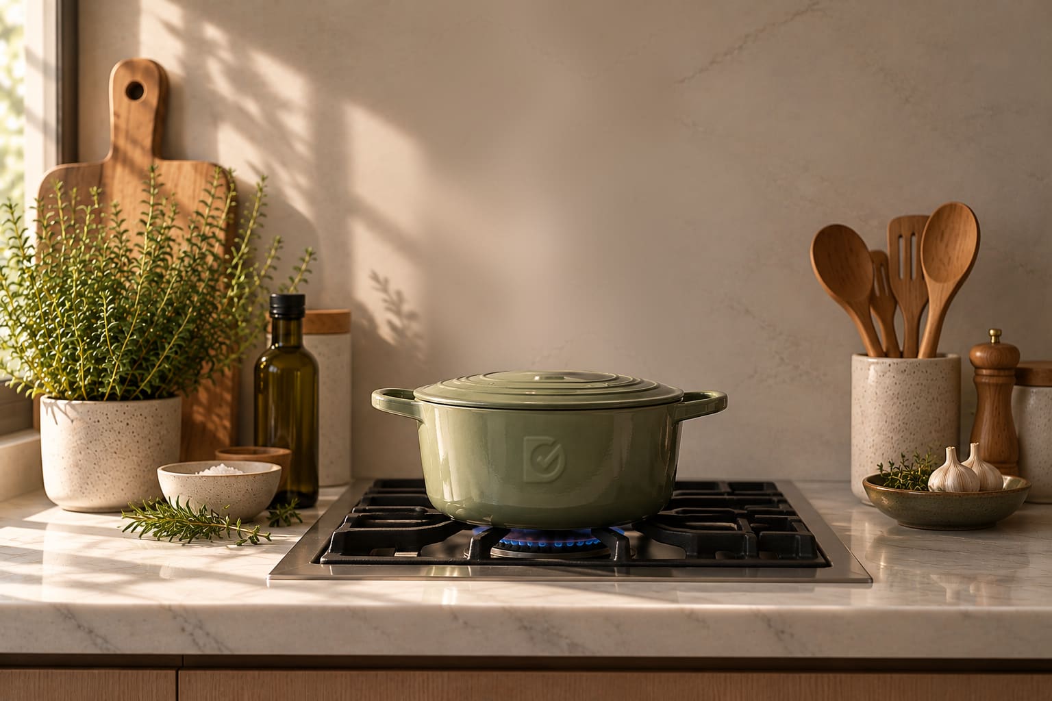 A sage-green enamel pot simmering on a gas hob in a sunlit kitchen